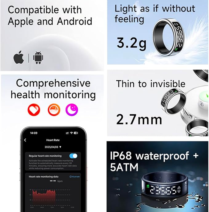 Smart Health Ring with Screen,for Women Men Fitness Tracker with Heart Rate, Blood Oxygen, HRV, Sleep Monitoring, Step Counting, IP68 for iPhone and Android, No Subscription Fee (Gold, 10#)