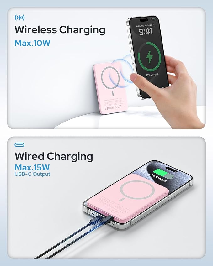 TRKOY for Magsafe Portable Charger, 5000mAh for Magsafe Power Bank with USB C Fast Charging,Travel Essential for Magnetic Battery Pack Wireless Compatible with iPhone 17/16/15/14/13/12 Series, Pink