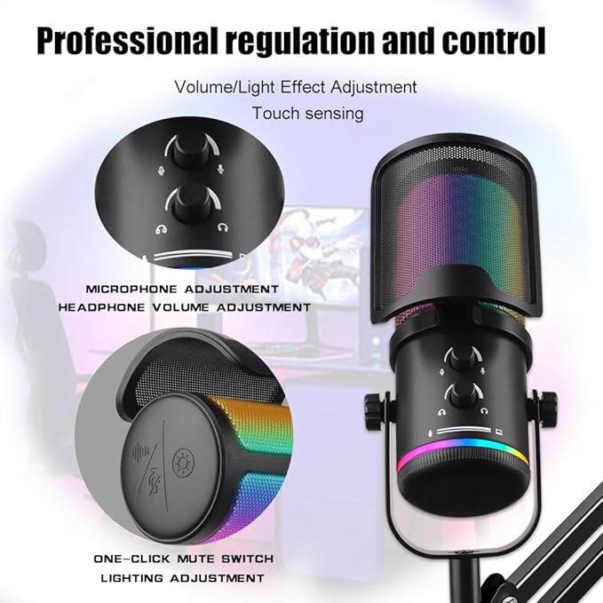 M16 USB Microphone with Boom Arm - PC Mic for Streaming, Podcasting, Vocal Recording Singing YouTube RGB Condenser Kit with Noise Cancellation, Monitor Mix Knob, Mute & Pop Filter Black