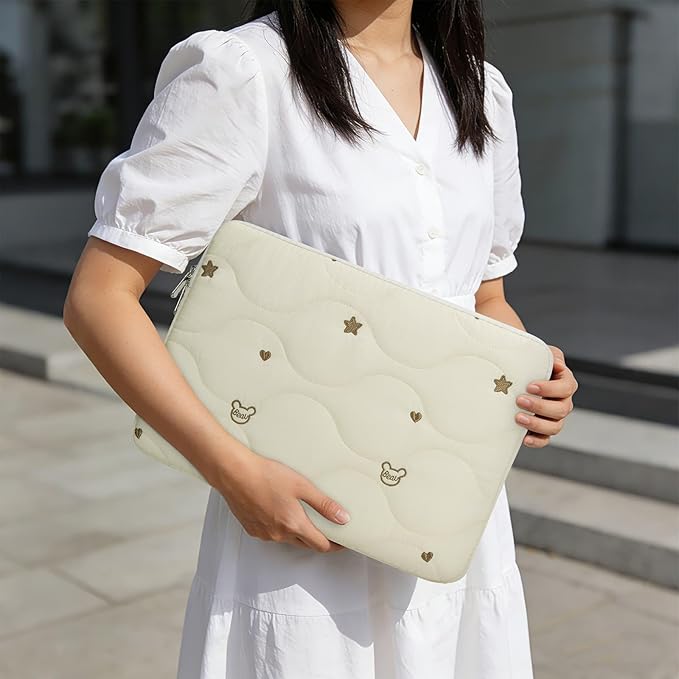 13 14 Inch Laptop Sleeve Case, Water-Repellent Cover with Bear Head Embroidery, Shockproof Padded Bag Compatible with MacBook Air & Pro 13/14 Inch, Beige