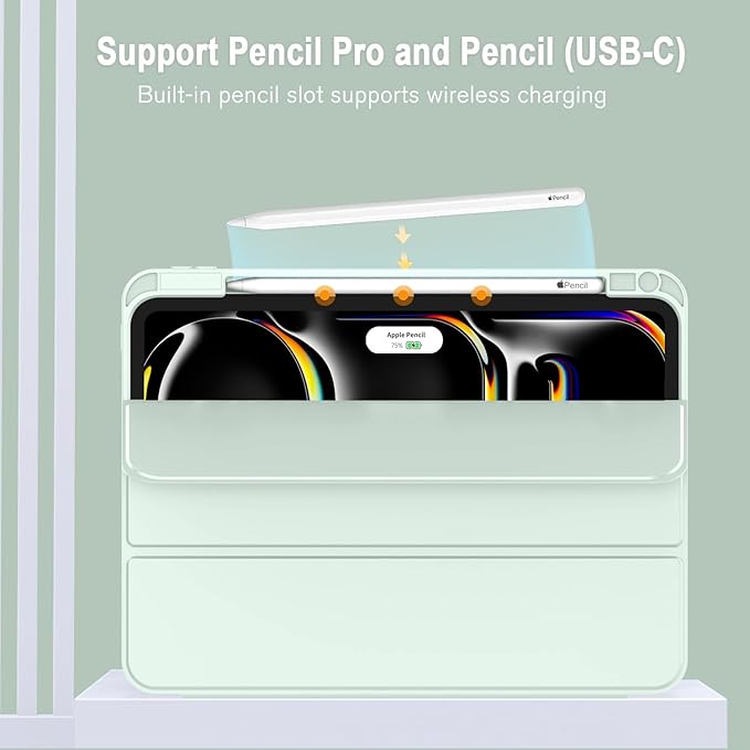 ZryXal New iPad Pro 13 Inch Case (M5) 2025 / (M4) 2024 with Pencil Holder, Smart iPad Case [Support Pencil Pro and Pencil (USB-C)], Support Touch ID and Auto Wake/Sleep (Pale Green)