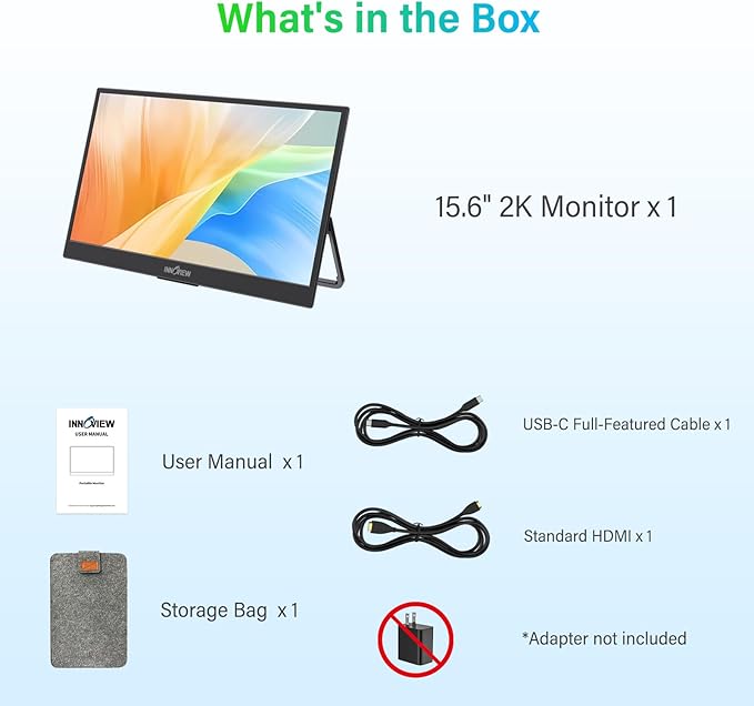 InnoView 2K Portable Monitor 15.6" QHD 100% sRGB, Built-in 180° Adjustable Stand Travel Monitor USB C Standard HDMI Ultra-Slim Portable Monitor for Laptop MacBook Phone PS Xbox Switch