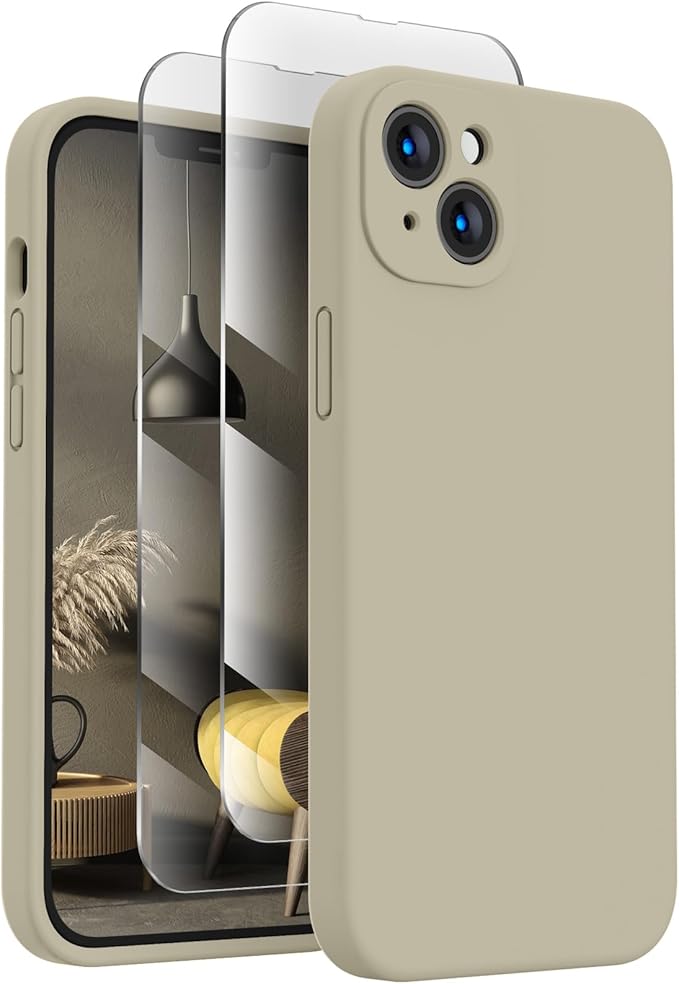 FireNova Designed for iPhone 14 Case, Silicone Upgraded [Camera Protection] Phone Case with [2 Screen Protectors], Soft Anti-Scratch Microfiber Lining Inside, 6.1 inch, Khaki
