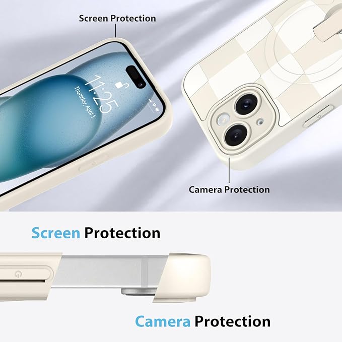 KANGHAR Compatible with iPhone 15 Case, Support for MagSafe, Silicone Checkered Cute Pattern, Wristband Kickstand Camera Protection Soft Slim Cover for Girls Women -White
