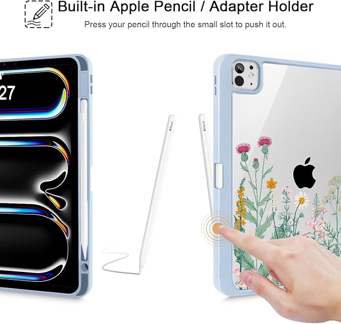 May Chen for iPad Pro 13 Inch Case M5 2025 / M4 2024, Built Pencil Holder & Clear Transparent Print Back Shell Slim Stand Shockproof Tablet Cover, Auto Wake/Sleep, Herbs Flowers