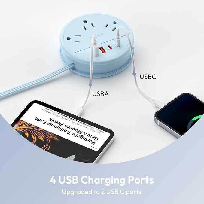 NTONPOWER Blue Travel Power Strip 20W, Travel Essentials, Cruise Essentials 3 Outlets 4 USB Ports(2 USB C), 4FT Wrapped Around Extension Cord for Travel Cruise Ship Beach Vacation Essentials
