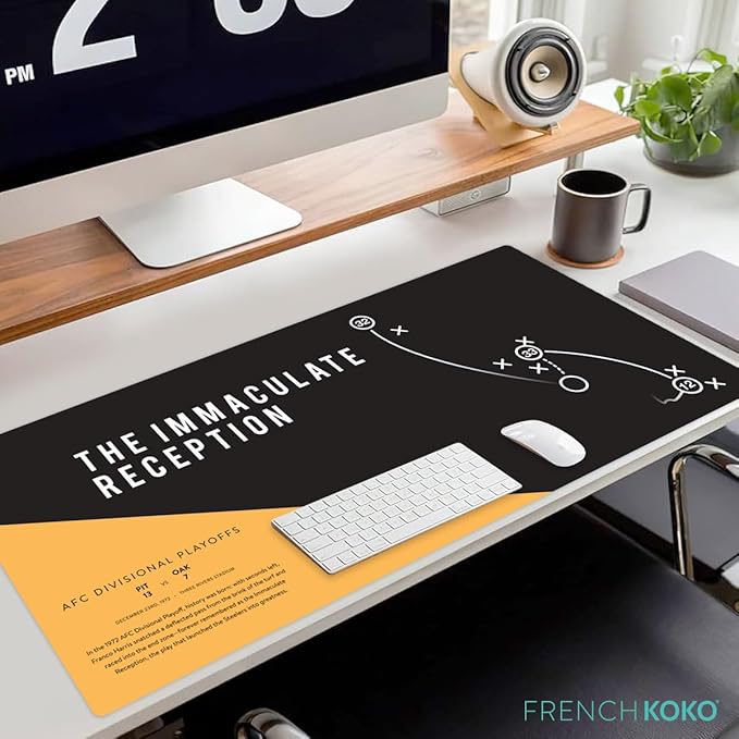 French KOKO Large Pittsburgh Football Desk Mat for Desktop – XL Black and Gold Desk Pad Mat Featuring The Immaculate Reception Play, Man Cave Office Decor, Football Fan Gift - Immaculate Reception