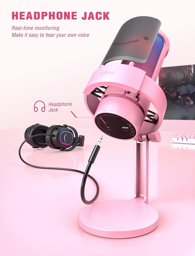 FIFINE USB Streaming Gaming Microphone, PC Condenser Desktop Mic for Video, Home use, YouTube, with RGB Control, Gain Knob, 3.5mm Headphone Jack, Shock Mount, on Computer/PS5-AmpliGame A8 Pink