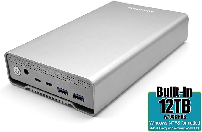 Avolusion PRO-G1 12TB USB 3.2 Gen 2 (10Gbps) USB-C External Hard Drive with USB 3.0 HUB for Windows or MacOS Desktop PC/Laptop