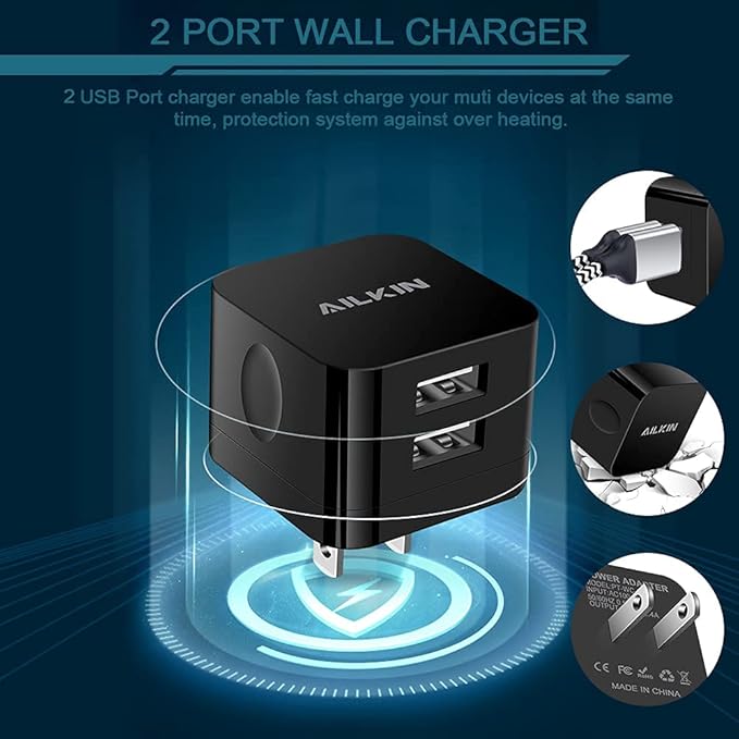 3Pack USB Wall Chargers, 2.4A Dual Port Fast Charger Block Square Flat Power AC Adapter Phone Brick Charging Station for iPhone, Samsung Galaxy, LG Stylo, Google Pixel, USB Plug House Hold Box Cube
