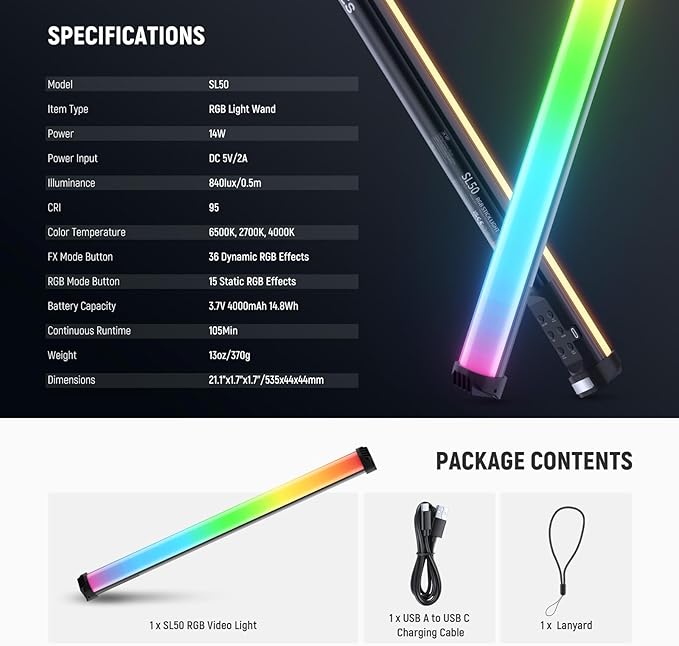 NEEWER Basics 21" Magnetic RGB Light Wand, CRI95 Dimmable 14W LED Handheld Video Tube Lighting Stick with 51 RGB Modes, 4000mAh Battery for YouTube TikTok Recording Studio Photography Streaming, SL50
