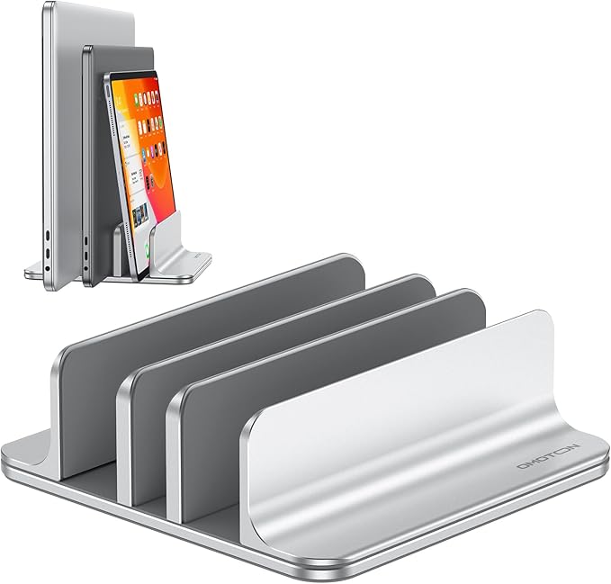 OMOTON Vertical Laptop Stand [Updated 3-Slots Version], Desktop Aluminum Mac Book Stand with Adjustable Dock Size, Fits All Mac Book, Chrome Book and Gaming Laptops (Up to 17.3 inch), Bright Silver