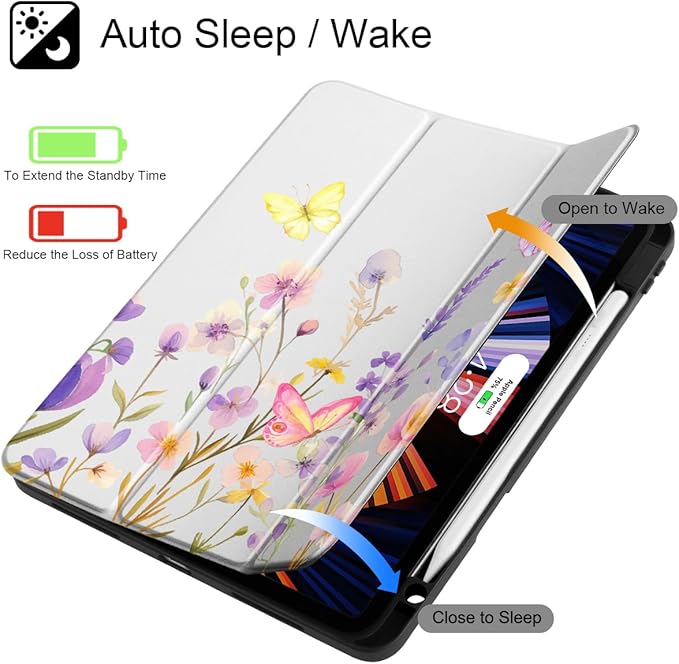 Tuiklol for iPad Pro 11 Inch 4th / 3rd / 2nd / 1st Gen (2022 2021 2020 2018) Case -Built-in Pencil Holder Shockproof Cover Clear Transparent Back Shell with Auto Wake/Sleep, Purple Flower