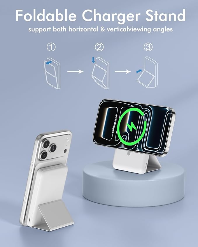 podoru for Magsafe Battery Pack, Foldable 10000mAh Magnetic Power Bank with USB-C Cable LED Display 22.5W PD Fast Charging Wireless Portable Charger for iPhone 17/16/15/14/13/12 Series-White