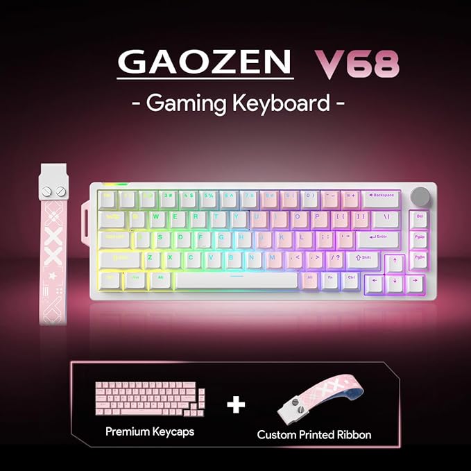 68% Wired Gaming Keyboard with Volume Knob, RGB Backlit, Mechanical Keyboard Gasket Mount with PBT Keycaps,8000 Hz Polling Rate, Hall Effect Cream Switches, Hot-Swap, for FPS Games (White+Pink)