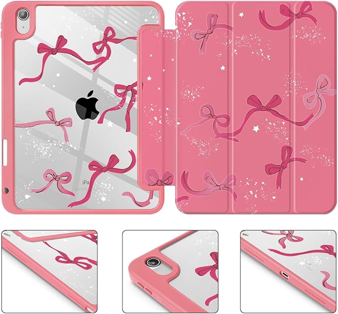 Tuiklol for iPad Pro 12.9 Inch 6th/5th/4th/3rd Generation 2022 2021 2020 2018 Case,Built-in Pencil Holder Clear Transparent Protective Back Shell Cover with Auto Sleep/Wake, Bow-Watermelon Red