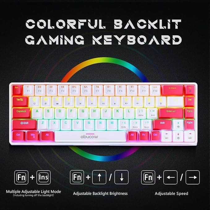 abucow 65% Wired Mechanical Keyboard – 68-Key Compact Layout, Full Anti-Ghosting, Brown Switch Swappable Red White Keycaps, for Windows/Mac