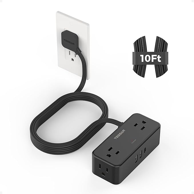 TESSAN Flat Plug Extension Cord 10 FT, Surge Protector Power Strip with 4 AC Outlets 1 USB C and 2 USB A Ports, 900 Joules Protection, Multiple Wall Outlet Extender Suitable for Office Dorm, Black