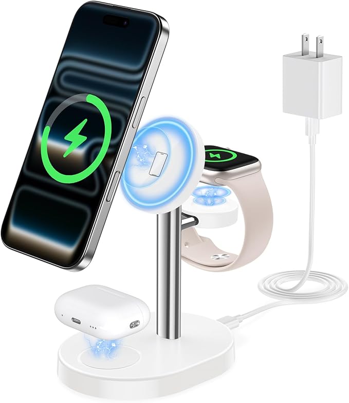 Hevanto 2026 3 in 1 Wireless Charging Station for Apple MagSafe Charger, 15W Fast Magnetic Mag-Safe Charger Stand for iPhone 17 16 15 14 13 12 Apple Watch AirPods Series, SilverWhite