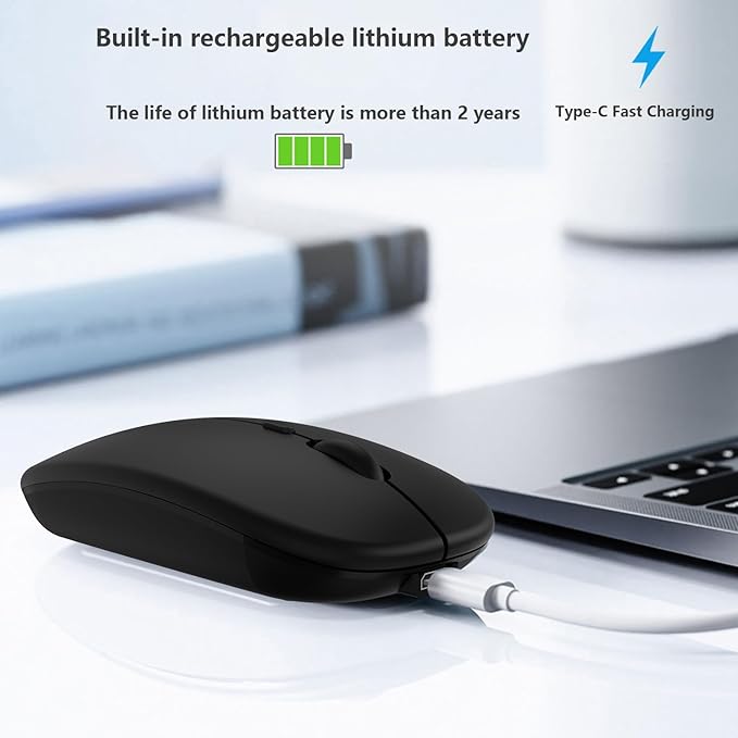 Wireless Bluetooth Mouse for Apple iPad iPhone MacBook Android Samsung Tablet Phone Dual-Mode Rechargeable 2.4G Portable Computer Mice for Windows Laptop Notebook PC Mac Desktop USB Receiver (Black)