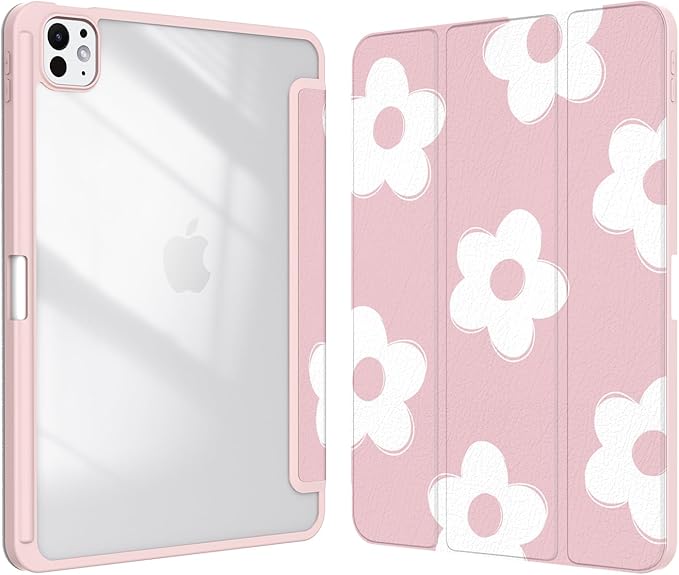 Case for iPad Pro 11-Inch M5/M4 2025/2024 (6th/5th Generation), Case with Pencil Holder, Clear Back Cover Cute Cool Design for Women Girls, Auto Sleep/Wake, Pink White Flower
