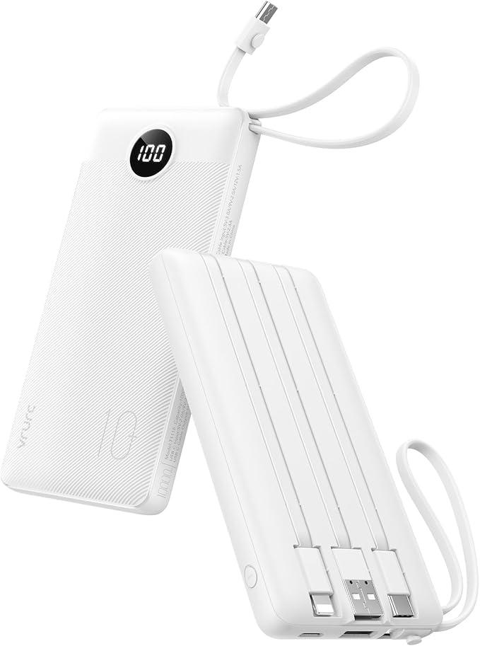 VRURC Portable Charger Built in Cables, Slim Power Bank 10000mAh, Multi Devices Charging Bank with Lanyard, USB C Battery Pack 5 Outputs for iPhone 17 Pro 17 16 15 14 13, Samsung Phones-White(1 Pack)