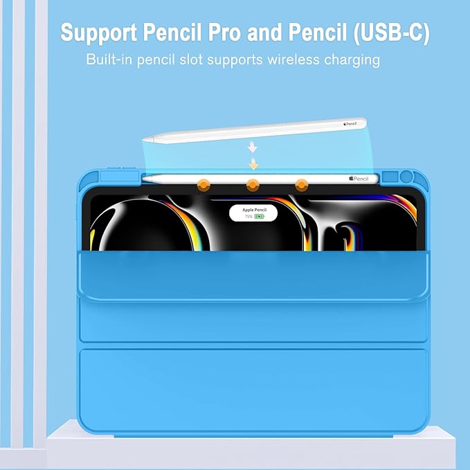 ZryXal New iPad Pro 13 Inch Case (M5) 2025 / (M4) 2024 with Pencil Holder, Smart iPad Case [Support Pencil Pro and Pencil (USB-C)], Support Touch ID and Auto Wake/Sleep (New Ocean Blue)