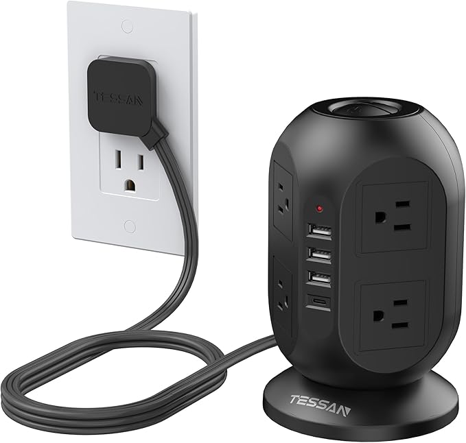 Tower Surge Protector Power Strip 10 ft, Long Flat Extension Cord with Multiple Outlets, 8 AC Outlets with 4 USB Ports (1 USB C), Charging Station with Surge Protection, for Home Office Dorm, Black
