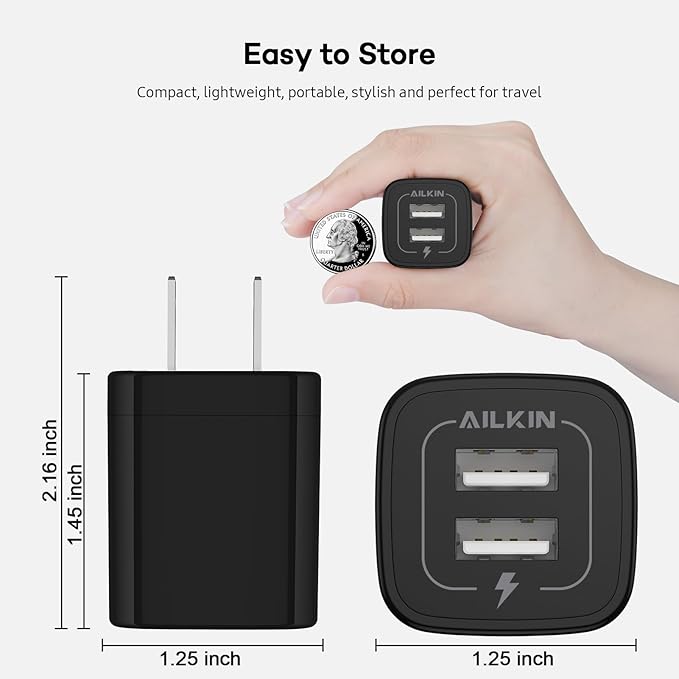 USB Wall Charger, AILKIN 2.1A Dual Port Portable Universal USB Wall Charger Adapter Box for iPhone 17 16 15 14 13 12 Mini Pro Max SE 11 XS Plus, Samsung Galaxy A04S A14 S22 S21, Google Pixel 7 7a 6 6a
