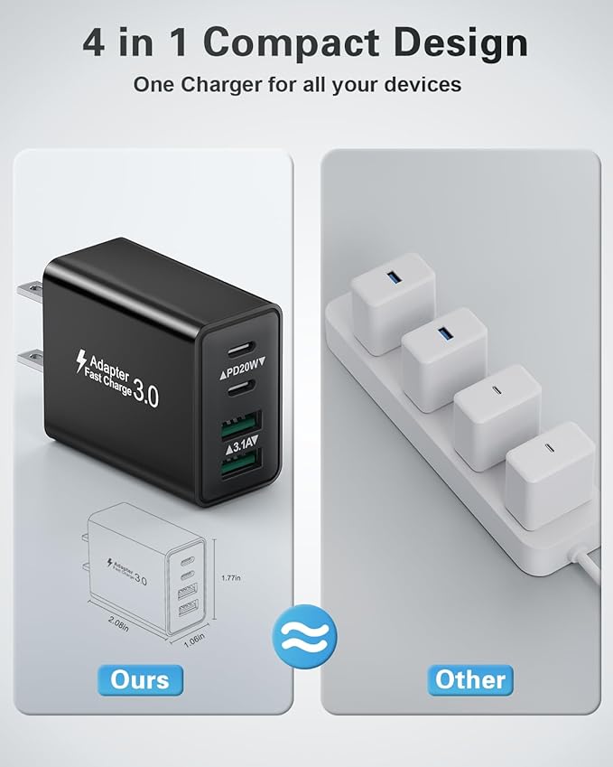USB C Charger Block, 2-Pack 40W Fast Charging Block 4-Port Dual PD Power Adapter +QC Wall Plug Double USBC Charger Block Multi Type C Charging Cube for iPhone 17 16 15 14 13 12 11 Pro Max, Samsung