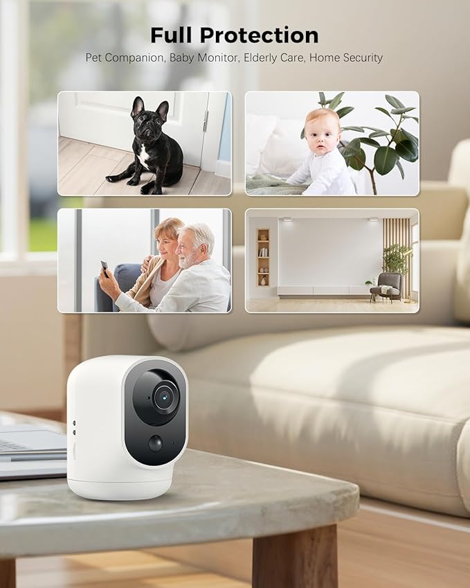 COCOCAM 2K Indoor Pan/Tilt Security Camera with 5200mAh Battery, WiFi Camera,Wireless for Baby Monitor/Pet/Home Security, AI Recognition, PIR Human Detection, 2.4G WiFi (White)