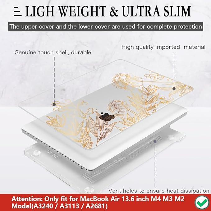 CISSOOK for MacBook Air 13.6 inch Case A3449 A3240 A2681 A3113 Release 2022 2023 2024 2025 2026, Plastic Hard Shell Case Keyboard Cover for MacBook Air 13 inch M2 M3 M4 M5, Gold Floral Blossom