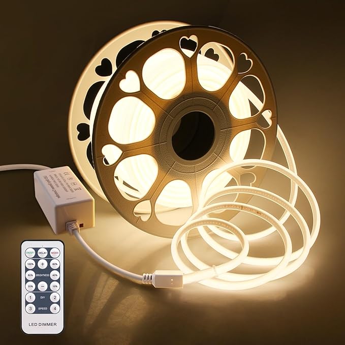 Aclorol 100FT Outdoor COB LED Strip Lights Waterproof Warm White 1 Roll AC 110V-120V Flexible Dimmable LED Lights Strip with Remote High Density COB LED Rope Light for Garden Commercial Building 3000K