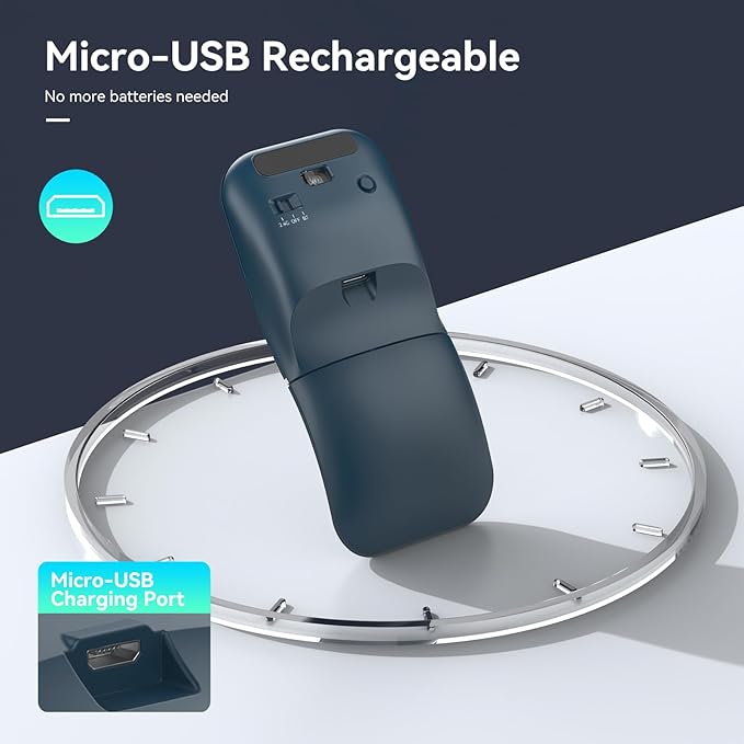 Bluetooth Wireless Arc Travel Mouse, Dual Model (2.4G+BT5.1) Rotating Foldable Mouse for Microsoft, Rechargeable Slim Portable Mice for Laptop, Notebook, PC, MacBook, Chromebook - Sapphire Blue