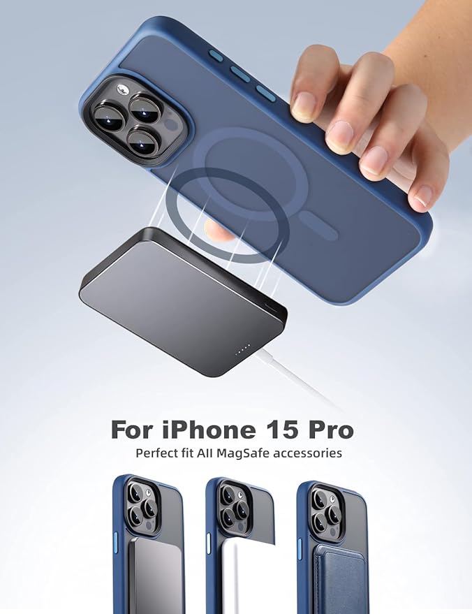 Tigowos Compatible with iPhone 15 Pro Case Fits MagSafe 10FT Drop Resistant Matte Skin Feeling Back Cover Aluminum Alloy Keys Fits iPhone 15 Pro Phone Cases, Blue