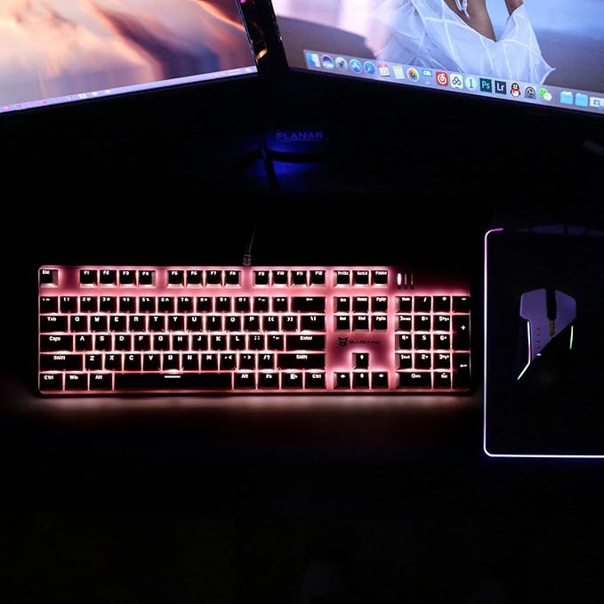 Merdia Full Size Wired Mechanical Gaming Pink Keyboard | Red Switch 104 Keys US Layout Full Size Pink PC Gaming Keyboards | Hot Swappable LED Backlit Light Up Wired Mechanical Computer Keyboards