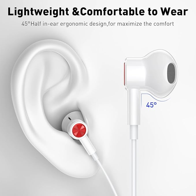 USB C Headphones Wired Type C Earphones for Samsung/Galaxy S26 S25 S24 Plus S23 S22 S21 S20 Ultra Magnetic Corded Earbuds for iPhone 15 Pro Max 16 16e 17 17e Air for Apple/Android Ear Buds White/Red