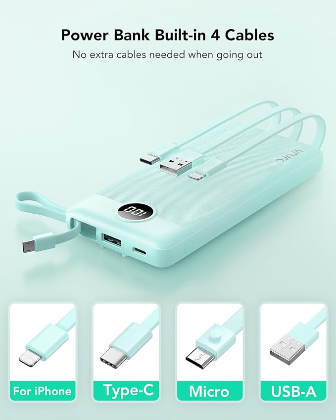 VRURC Portable Phone Charger for iPhone, 10000mAh Power Bank Built in Cables & Lanyard, Slim USB C Battery Bank 5 Outputs for Multi Devices,Travel Essential for College Students Teen Boys Girls-Green