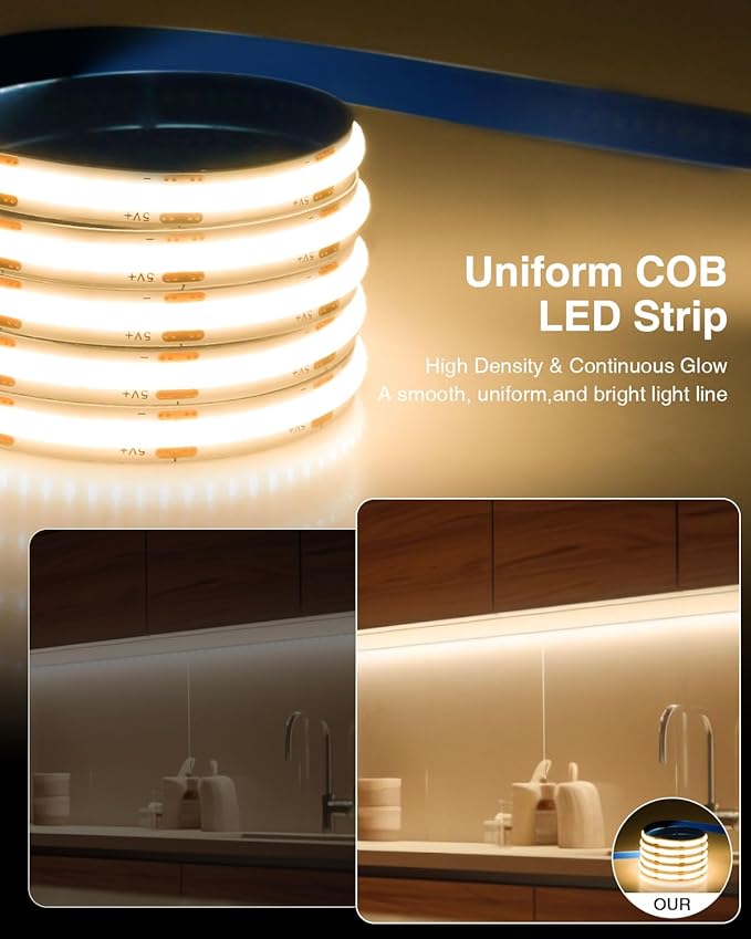 Aclorol 5V COB LED Strip Light 6.56FT 640LEDs Warm White LED TV Backlight with 1M USB Cable Flexible Under Cabinet Tape Light for Living Room Wardrobe Desk area Shelves Mirror Home Decoration (2 PACK)