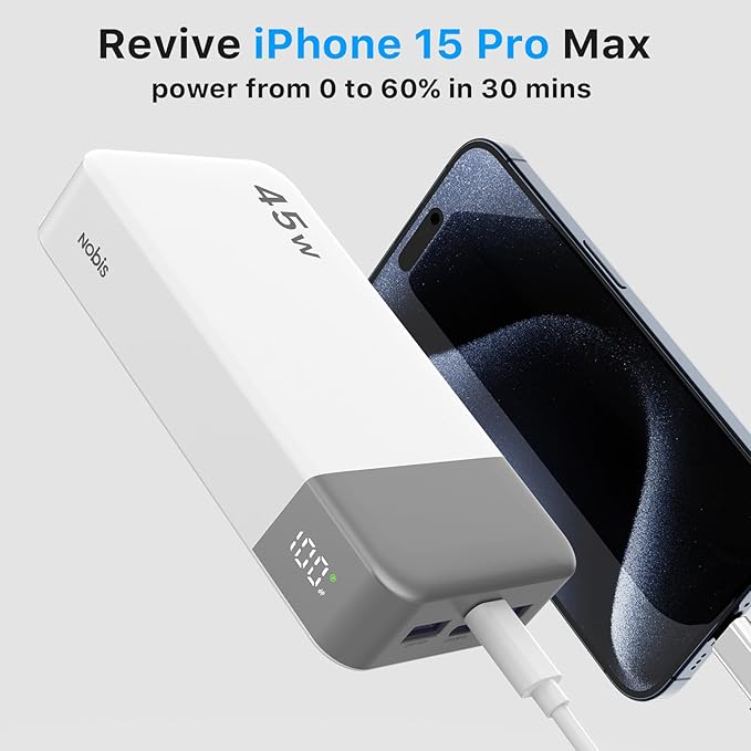 NOBIS Portable Charger, 20000mAh Power Bank, 45W Power Bank Fast Charging, Battery Pack with C to C Cable, Battery Bank with Digital Display for iPhone Android Laptop etc (White)