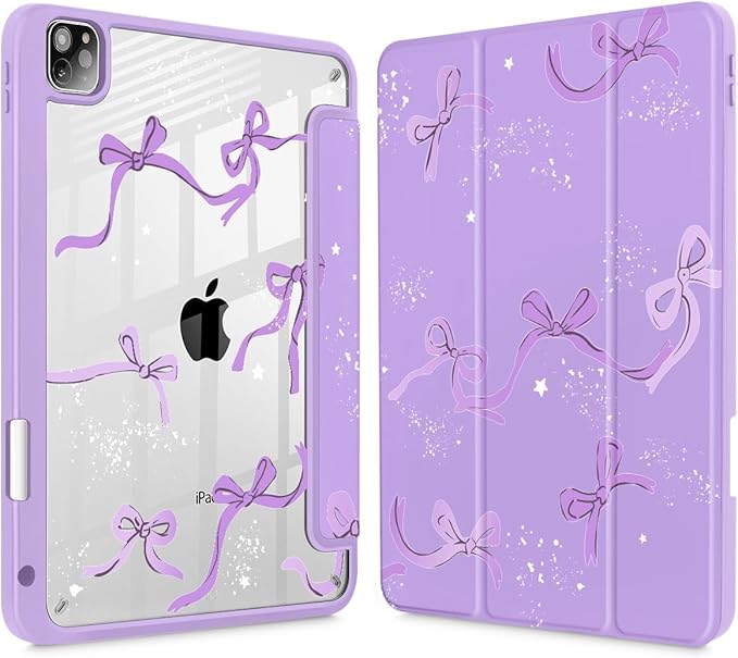 Tuiklol for iPad Pro 12.9 Inch 6th/5th/4th/3rd Generation 2022 2021 2020 2018 Case,Built-in Pencil Holder Clear Transparent Protective Back Shell Cover with Auto Sleep/Wake, Bow-Purple