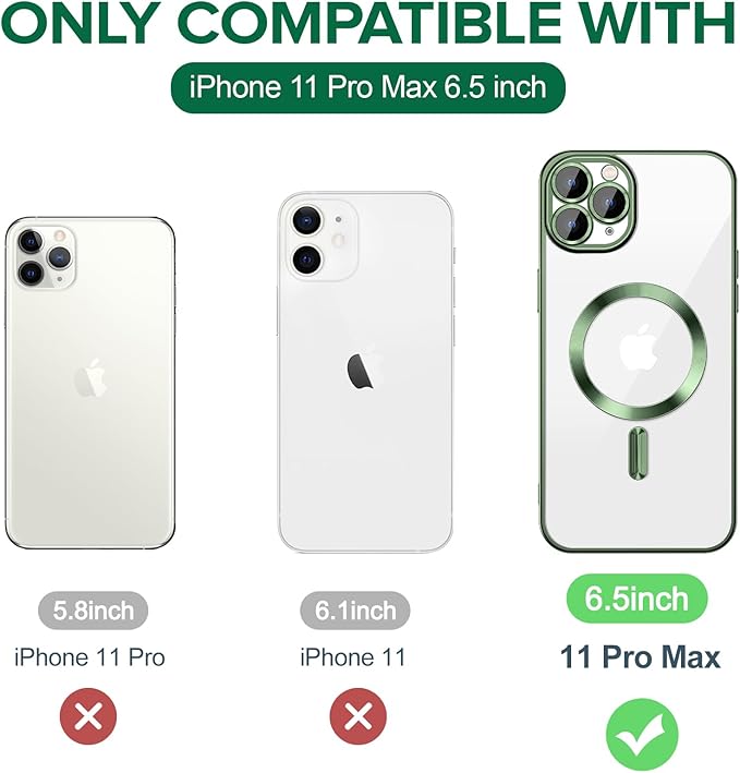Hython Magnetic Clear for iPhone 11 Pro Max Case with Camera Lens Protector [Compatible with MagSafe] Plating Edge Slim Soft TPU Cover Protective Phone Case for iPhone 11 Pro Max 6.5", Deep Green