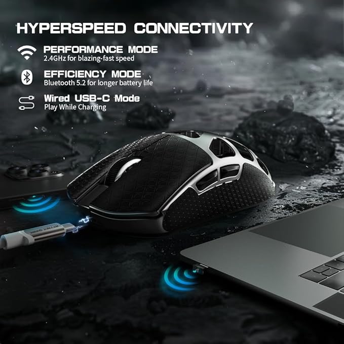 FELICON x Attack Shark R3 Magnesium Alloy Wireless Gaming Mouse, 46g Ultra-Lightweight Skeletal Shell, PAW3395 26K DPI, 8K Polling, Tri-Mode 2.4G/BT/Wired, for PC Mac Laptop - Gray & Griptape