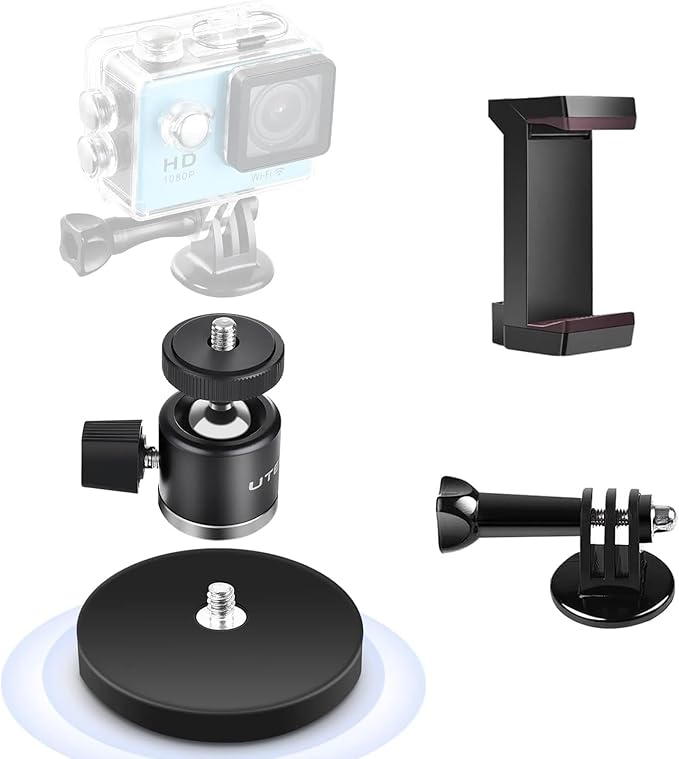 UTEBIT 66mm Strong Magnetic Base Mount for Action Camera, Magnet Camera Mount with 360° Rotation Ball Head & Phone Holder Mount, Compatible with Gopro Hero, DJI Osmo Action Osmo Nano, Insta360, Black