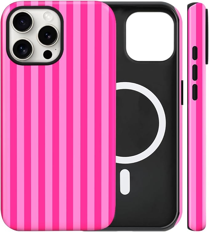 Magnetic for iPhone 15 Pro Max Case Cute Stripes Phone Case, Shockproof Slim TPU and Hard PC Protective Phone Cover Compatible with MagSafe Designed for Women Girls, Deep Pink