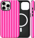Magnetic for iPhone 15 Pro Max Case Cute Stripes Phone Case, Shockproof Slim TPU and Hard PC Protective Phone Cover Compatible with MagSafe Designed for Women Girls, Deep Pink