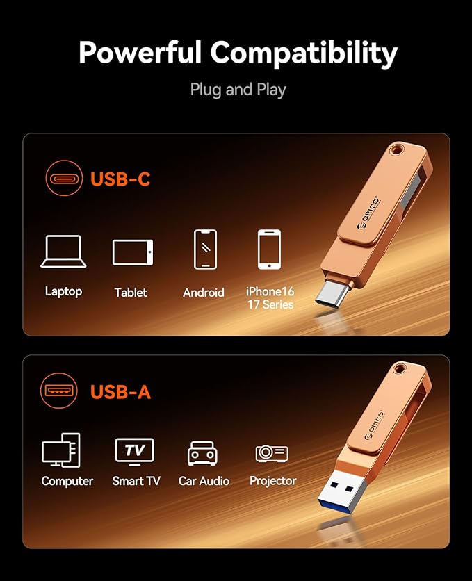 ORICO USB 3.0 Flash Drive 150MB/S Metal Housing Swivel Design Support OTG Function 2 in 1 PenDrive 64GB for USB C and USB A Devices -EB05 OR