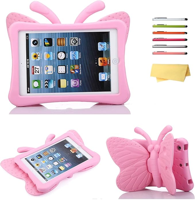 Kids Case for Apple iPad mini 5/Mini 4/Mini 3/Mini 2/Mini 1 with Kickstand Soft EVA Foam Lightweight Shockproof Stand Cover for iPad mini 5th/4th/3rd/2nd/1st Generation 7.9", Pink Butterfly