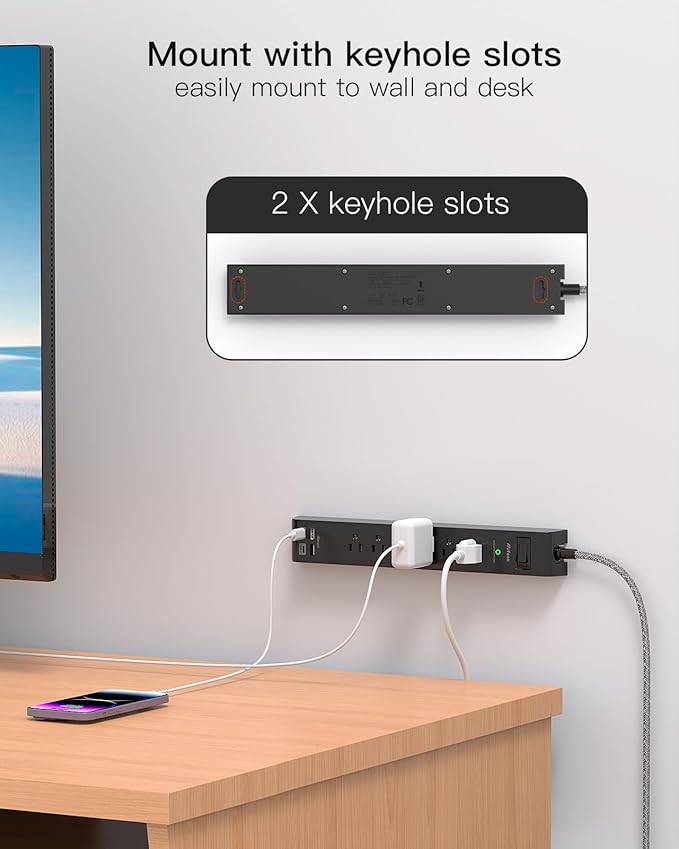 2 Pack 10Ft Extension Cord with Multiple Outlets, Surge Protector Power Strip with 6 Outlets 4 USB Ports, Flat Plug, Wall Mount for Home Office, Dorm, Black