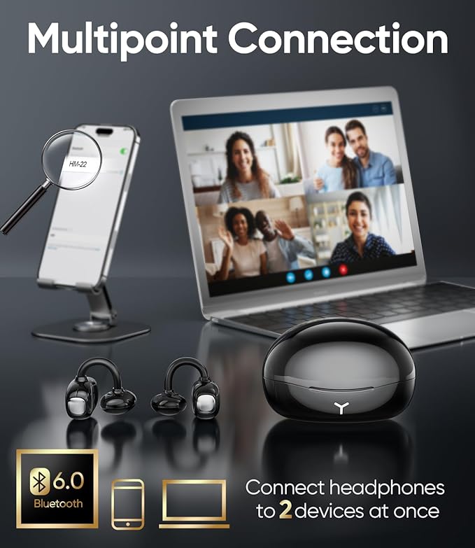 Clip on Earbuds Wireless, Lightweight Open Ear Earbud with Physical Button, Deep Bass Sound Bluetooth 6.0 Headphone Support Dual-Device, 60H Play Time, Ideal for Workout, Running, Subway